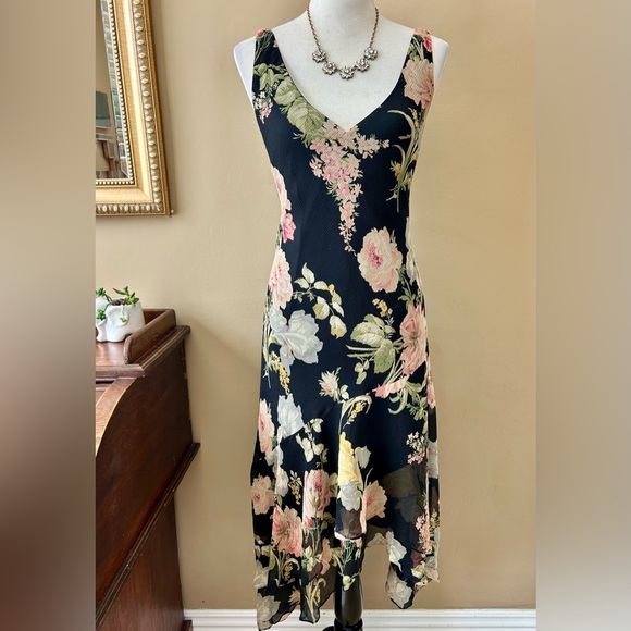 Ralph Lauren Vintage Y2K 90s Silk Slip Dress Black Dark Floral Asymmetrical 10 - Picture 2 of 11